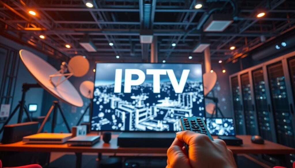 A cutting-edge IPTV setup with sleek modern devices, satellite dishes, and data center infrastructure in the background. In the foreground, a hand holding a remote control, symbolizing the convenience and control of IPTV technology. The scene is illuminated by warm, cinematic lighting, creating an atmosphere of sophistication and innovation. The overall composition conveys the power and potential of IPTV to revolutionize the entertainment landscape. A cutting-edge IPTV setup with sleek modern devices, satellite dishes, and data center infrastructure in the background. In the foreground, a hand holding a remote control, symbolizing the convenience and control of IPTV technology. The scene is illuminated by warm, cinematic lighting, creating an atmosphere of sophistication and innovation. The overall composition conveys the power and potential of IPTV to revolutionize the entertainment landscape.