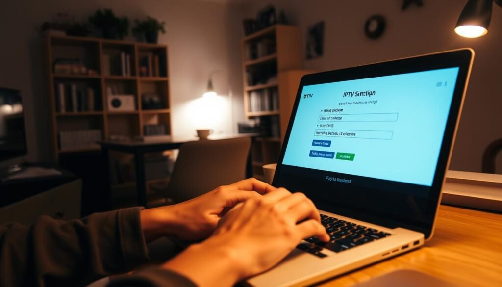 A dimly lit home office, the glow of a laptop screen illuminating the scene. In the foreground, a person's hands carefully navigating the setup process for an IPTV subscription, the screen displaying a simple interface with options to select a package, enter payment details, and activate the service. The middle ground features a cozy desk setup with a comfortable chair, a cup of coffee, and a few personal touches, creating a welcoming atmosphere. The background showcases a bookshelf filled with entertainment-related items, hinting at the wealth of content the IPTV subscription will unlock. Soft, warm lighting casts a gentle glow, evoking a sense of ease and anticipation as the user embarks on their journey to explore a world of streaming possibilities. A dimly lit home office, the glow of a laptop screen illuminating the scene. In the foreground, a person's hands carefully navigating the setup process for an IPTV subscription, the screen displaying a simple interface with options to select a package, enter payment details, and activate the service. The middle ground features a cozy desk setup with a comfortable chair, a cup of coffee, and a few personal touches, creating a welcoming atmosphere. The background showcases a bookshelf filled with entertainment-related items, hinting at the wealth of content the IPTV subscription will unlock. Soft, warm lighting casts a gentle glow, evoking a sense of ease and anticipation as the user embarks on their journey to explore a world of streaming possibilities.