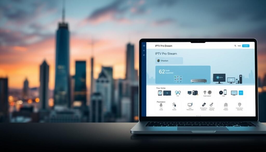 A high-quality digital subscription interface for IPTV Pro Stream, showcasing a sleek and intuitive dashboard. In the foreground, a laptop screen displays the IPTV Pro Stream logo and subscription details, with a modern minimalist design in shades of blue and gray. The middle ground features various streaming device icons, including smart TVs, smartphones, and tablets, illustrating the cross-platform compatibility of the service. In the background, a blurred cityscape with skyscrapers and a vibrant skyline creates a sense of urban sophistication, reflecting the advanced technology and global reach of the IPTV Pro Stream platform. Soft, diffused lighting and clean lines contribute to an elegant, professional atmosphere. A high-quality digital subscription interface for IPTV Pro Stream, showcasing a sleek and intuitive dashboard. In the foreground, a laptop screen displays the IPTV Pro Stream logo and subscription details, with a modern minimalist design in shades of blue and gray. The middle ground features various streaming device icons, including smart TVs, smartphones, and tablets, illustrating the cross-platform compatibility of the service. In the background, a blurred cityscape with skyscrapers and a vibrant skyline creates a sense of urban sophistication, reflecting the advanced technology and global reach of the IPTV Pro Stream platform. Soft, diffused lighting and clean lines contribute to an elegant, professional atmosphere.