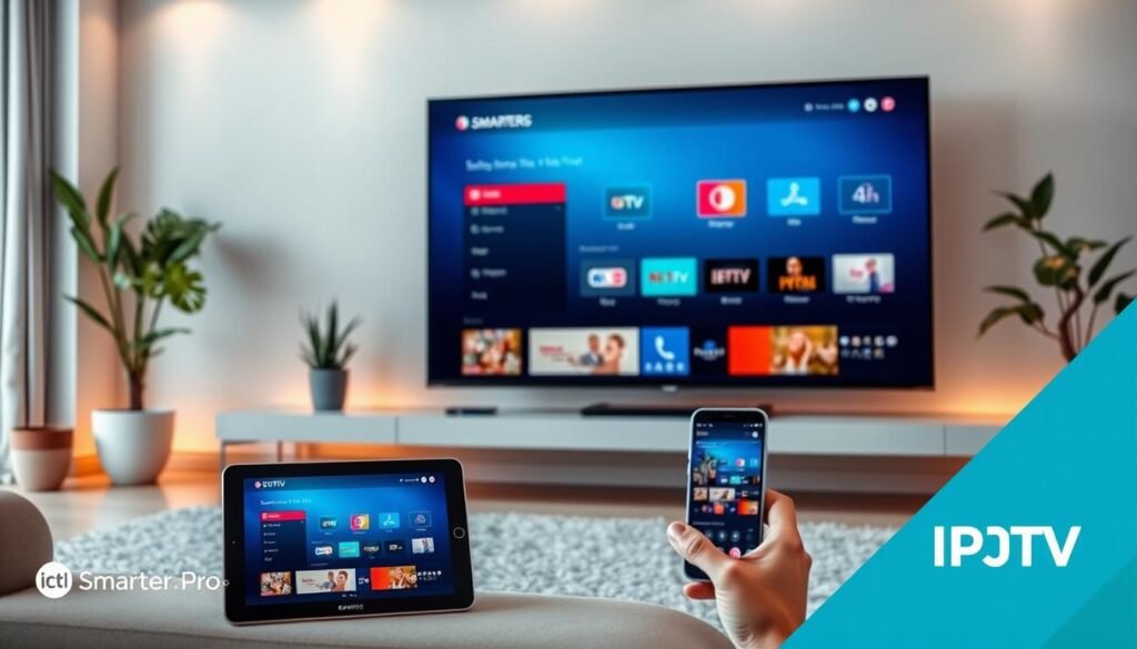 A modern digital living room with a large 4K smart TV displaying the IPTV Smarters Pro app interface, showcasing its sleek multi-screen support. The TV is situated on a minimalist floating media console, surrounded by ambient lighting and potted plants. In the foreground, a tablet and a smartphone are seamlessly connected to the IPTV service, mirroring the content on the main screen. The scene exudes a sense of technological sophistication and integration, reflecting the advanced features of the IPTV Smarters Pro subscription. A modern digital living room with a large 4K smart TV displaying the IPTV Smarters Pro app interface, showcasing its sleek multi-screen support. The TV is situated on a minimalist floating media console, surrounded by ambient lighting and potted plants. In the foreground, a tablet and a smartphone are seamlessly connected to the IPTV service, mirroring the content on the main screen. The scene exudes a sense of technological sophistication and integration, reflecting the advanced features of the IPTV Smarters Pro subscription.