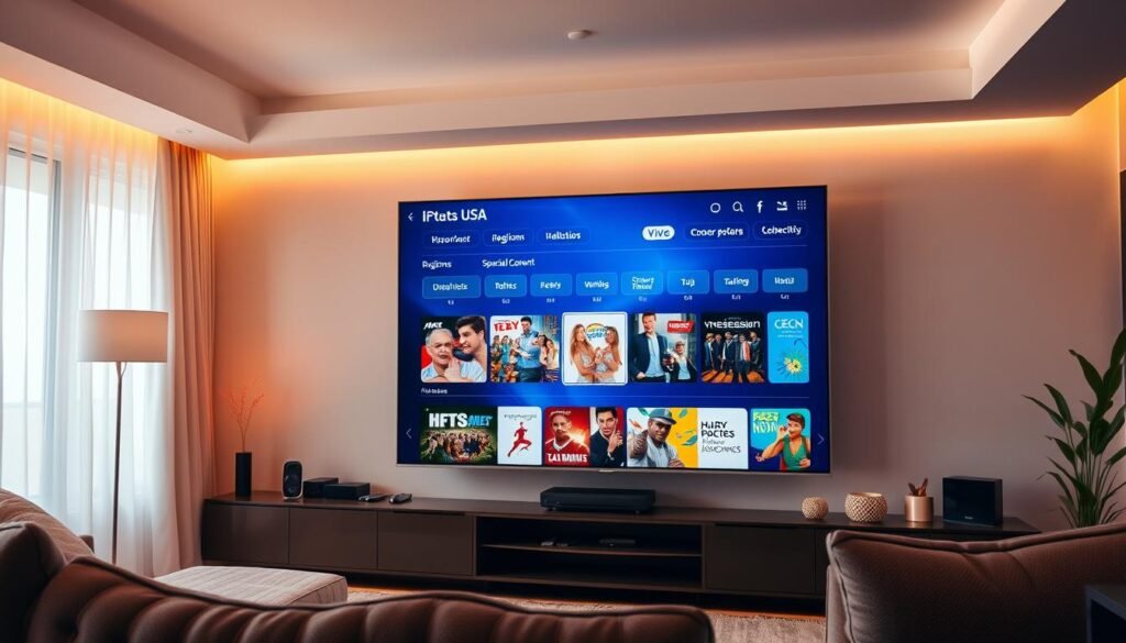 A modern living room setting with a large TV screen prominently displayed. On the screen, an IPTV subscription interface is shown, highlighting the regional options and specialized content available to viewers in the USA. The room is bathed in warm, soft lighting, creating a cozy and inviting atmosphere. The overall scene conveys a sense of ease and accessibility, reflecting the convenience of IPTV subscriptions. The composition emphasizes the centrality of the TV screen, drawing the viewer's attention to the vast entertainment possibilities offered by IPTV in the USA. A modern living room setting with a large TV screen prominently displayed. On the screen, an IPTV subscription interface is shown, highlighting the regional options and specialized content available to viewers in the USA. The room is bathed in warm, soft lighting, creating a cozy and inviting atmosphere. The overall scene conveys a sense of ease and accessibility, reflecting the convenience of IPTV subscriptions. The composition emphasizes the centrality of the TV screen, drawing the viewer's attention to the vast entertainment possibilities offered by IPTV in the USA.
