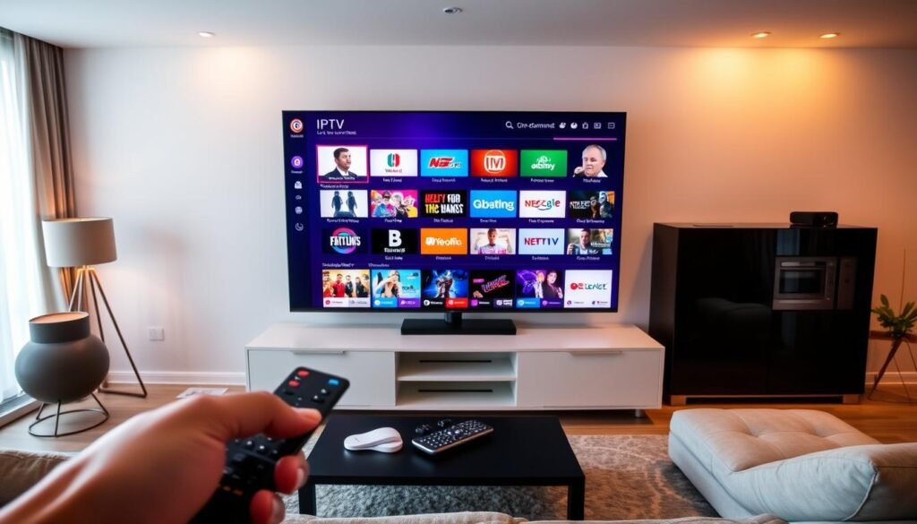 A modern living room with a large flat-screen TV, sleek entertainment center, and comfortable couch. The TV screen displays a vibrant IPTV interface, showcasing a wide selection of live channels and on-demand content. Warm, diffused lighting illuminates the space, creating a cozy and inviting atmosphere. In the foreground, a person's hand holds a remote control, suggesting the ease of accessing and controlling the IPTV subscription. The overall scene conveys the convenience and versatility of IPTV for modern viewers, catering to their entertainment needs. A modern living room with a large flat-screen TV, sleek entertainment center, and comfortable couch. The TV screen displays a vibrant IPTV interface, showcasing a wide selection of live channels and on-demand content. Warm, diffused lighting illuminates the space, creating a cozy and inviting atmosphere. In the foreground, a person's hand holds a remote control, suggesting the ease of accessing and controlling the IPTV subscription. The overall scene conveys the convenience and versatility of IPTV for modern viewers, catering to their entertainment needs.