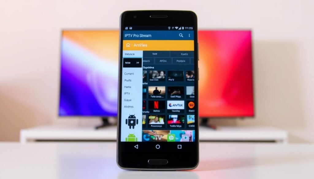 A sleek, modern Android smartphone displayed prominently, its screen showcasing the IPTV Pro Stream app interface. In the foreground, intuitive on-screen controls and a clean, minimalistic design invite the user to navigate the app's features. The middle ground reveals a neatly organized menu system, highlighting seamless integration with various IPTV service providers. In the background, a subtle yet vibrant gradient backdrop suggests the wealth of content and entertainment options available through the IPTV Pro Stream platform. Soft, directional lighting casts a warm, inviting glow over the entire scene, creating a sense of ease and accessibility for the user. A sleek, modern Android smartphone displayed prominently, its screen showcasing the IPTV Pro Stream app interface. In the foreground, intuitive on-screen controls and a clean, minimalistic design invite the user to navigate the app's features. The middle ground reveals a neatly organized menu system, highlighting seamless integration with various IPTV service providers. In the background, a subtle yet vibrant gradient backdrop suggests the wealth of content and entertainment options available through the IPTV Pro Stream platform. Soft, directional lighting casts a warm, inviting glow over the entire scene, creating a sense of ease and accessibility for the user.