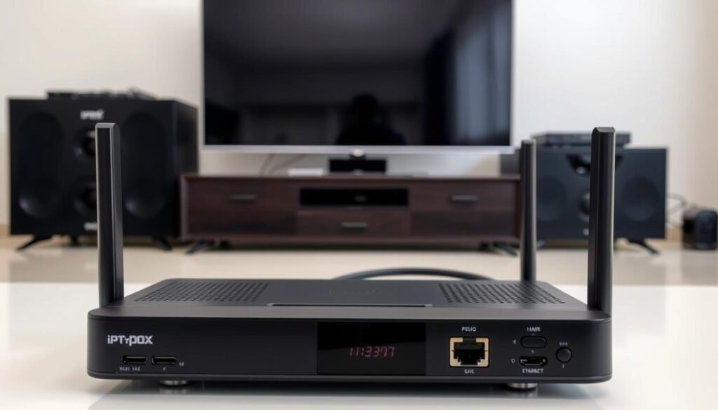 A well-lit, high-definition setup for IPTV Pro Stream, showcasing the essential equipment and components. In the foreground, a sleek and modern streaming device with intuitive controls and a crisp display. Beside it, a professional-grade router with multiple ethernet ports, ensuring a reliable and fast network connection. In the middle ground, a high-quality HDMI cable seamlessly connecting the streaming device to a large, 4K-capable television, providing an immersive viewing experience. The background features a clean and minimalist home entertainment setup, with discreet cable management and a sense of organization, conveying a polished and efficient environment for IPTV Pro Stream enjoyment. A well-lit, high-definition setup for IPTV Pro Stream, showcasing the essential equipment and components. In the foreground, a sleek and modern streaming device with intuitive controls and a crisp display. Beside it, a professional-grade router with multiple ethernet ports, ensuring a reliable and fast network connection. In the middle ground, a high-quality HDMI cable seamlessly connecting the streaming device to a large, 4K-capable television, providing an immersive viewing experience. The background features a clean and minimalist home entertainment setup, with discreet cable management and a sense of organization, conveying a polished and efficient environment for IPTV Pro Stream enjoyment.