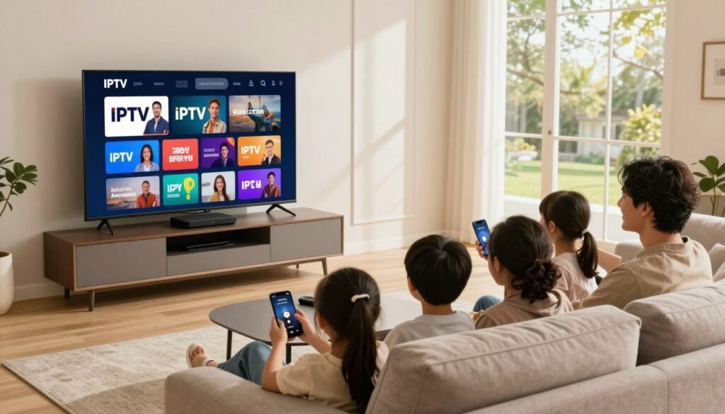 A cozy living room scene featuring a stylish modern television displaying a vibrant IPTV interface with various affordable subscription options. In the foreground, a relaxed family of four, dressed in comfortable, modest casual clothing, sits on a plush sofa, happily scrolling through different IPTV channels. The middle ground includes a sleek entertainment center with a streaming device and remotes, emphasizing technology and convenience. Soft, warm lighting fills the room, creating an inviting atmosphere, while a large window reveals a sunny, pleasant day outside. The overall ambiance is cheerful and relaxed, showcasing the benefits of switching to an affordable IPTV subscription in 2026. Use a wide-angle lens to capture the entire scene with depth and clarity. A cozy living room scene featuring a stylish modern television displaying a vibrant IPTV interface with various affordable subscription options. In the foreground, a relaxed family of four, dressed in comfortable, modest casual clothing, sits on a plush sofa, happily scrolling through different IPTV channels. The middle ground includes a sleek entertainment center with a streaming device and remotes, emphasizing technology and convenience. Soft, warm lighting fills the room, creating an inviting atmosphere, while a large window reveals a sunny, pleasant day outside. The overall ambiance is cheerful and relaxed, showcasing the benefits of switching to an affordable IPTV subscription in 2026. Use a wide-angle lens to capture the entire scene with depth and clarity.