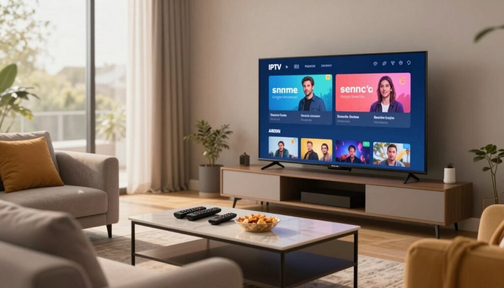 A modern living room featuring a sleek television displaying a vibrant IPTV interface, with a user-friendly layout showcasing various streaming options. In the foreground, a stylish sofa with colorful cushions invites viewers to enjoy content comfortably. In the middle, a coffee table is adorned with remote controls and snacks, emphasizing a cozy viewing environment. The background reveals a large window with soft daylight streaming in, enhancing the inviting atmosphere. The lighting should be warm and ambient, creating a relaxed mood. Use a shallow depth of field to focus on the IPTV display while gently blurring the background, capturing a contemporary and engaging setting for family or friends enjoying their favorite shows together. A modern living room featuring a sleek television displaying a vibrant IPTV interface, with a user-friendly layout showcasing various streaming options. In the foreground, a stylish sofa with colorful cushions invites viewers to enjoy content comfortably. In the middle, a coffee table is adorned with remote controls and snacks, emphasizing a cozy viewing environment. The background reveals a large window with soft daylight streaming in, enhancing the inviting atmosphere. The lighting should be warm and ambient, creating a relaxed mood. Use a shallow depth of field to focus on the IPTV display while gently blurring the background, capturing a contemporary and engaging setting for family or friends enjoying their favorite shows together.
