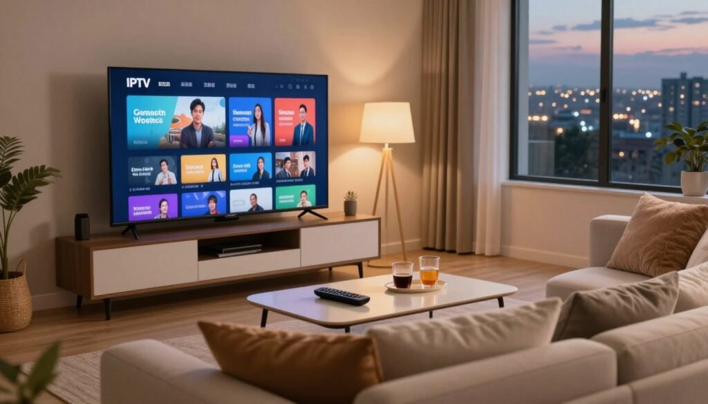 A modern living room scene featuring a sleek flat-screen TV displaying vibrant IPTV streaming content. In the foreground, a comfortable couch adorned with fluffy cushions invites viewers in. In the middle ground, a coffee table showcases a remote control and refreshments, emphasizing the relaxed viewing experience. The background features soft ambient lighting, with a warm glow illuminating the room, suggesting a cozy atmosphere. A large window shows a cityscape at dusk, with twinkling lights adding to the tranquility. The overall mood is inviting and professional, capturing the essence of reliable IPTV streaming quality. The image should be shot from a slightly elevated angle, resembling a candid snapshot, with a focus on clarity and detail. A modern living room scene featuring a sleek flat-screen TV displaying vibrant IPTV streaming content. In the foreground, a comfortable couch adorned with fluffy cushions invites viewers in. In the middle ground, a coffee table showcases a remote control and refreshments, emphasizing the relaxed viewing experience. The background features soft ambient lighting, with a warm glow illuminating the room, suggesting a cozy atmosphere. A large window shows a cityscape at dusk, with twinkling lights adding to the tranquility. The overall mood is inviting and professional, capturing the essence of reliable IPTV streaming quality. The image should be shot from a slightly elevated angle, resembling a candid snapshot, with a focus on clarity and detail.