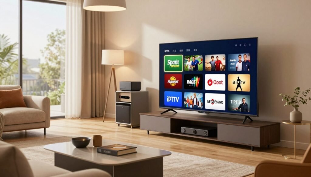 A modern living room setting showcasing a premium IPTV experience. In the foreground, a sleek, state-of-the-art smart TV displaying a vibrant array of streaming channel logos, including sports, movies, and documentaries. The middle ground features an entertainment center adorned with high-end gadgets and devices. To the background, large windows allow natural light to fill the space, illuminating the plush furniture and decorative items, creating a cozy yet sophisticated ambiance. The lighting is warm and inviting, enhanced by soft overhead lamps. Capture this scene from a slightly elevated angle to emphasize the technology and comfort of the environment, evoking a feeling of luxury and seamless entertainment experience. A modern living room setting showcasing a premium IPTV experience. In the foreground, a sleek, state-of-the-art smart TV displaying a vibrant array of streaming channel logos, including sports, movies, and documentaries. The middle ground features an entertainment center adorned with high-end gadgets and devices. To the background, large windows allow natural light to fill the space, illuminating the plush furniture and decorative items, creating a cozy yet sophisticated ambiance. The lighting is warm and inviting, enhanced by soft overhead lamps. Capture this scene from a slightly elevated angle to emphasize the technology and comfort of the environment, evoking a feeling of luxury and seamless entertainment experience.
