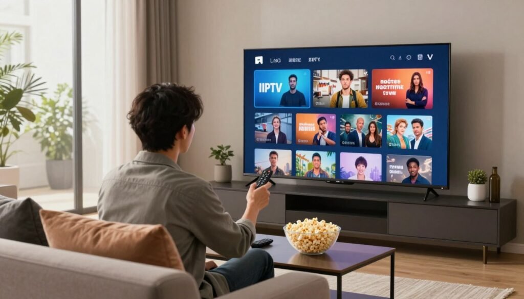 A modern living room setting with a sleek, flat-screen television prominently displaying a high-definition IPTV streaming interface filled with vibrant thumbnails of popular shows and movies. In the foreground, a comfortable couch with stylish cushions, and on the coffee table, a remote control and a bowl of popcorn, emphasizing a cozy viewing experience. The middle section features a person in professional casual attire, intently exploring the streaming options on the television, reflecting a sense of engagement and excitement. In the background, large windows let in soft, natural light, giving a warm, inviting ambiance. The overall mood is futuristic yet relatable, capturing the essence of seamless streaming technology for 2026. A modern living room setting with a sleek, flat-screen television prominently displaying a high-definition IPTV streaming interface filled with vibrant thumbnails of popular shows and movies. In the foreground, a comfortable couch with stylish cushions, and on the coffee table, a remote control and a bowl of popcorn, emphasizing a cozy viewing experience. The middle section features a person in professional casual attire, intently exploring the streaming options on the television, reflecting a sense of engagement and excitement. In the background, large windows let in soft, natural light, giving a warm, inviting ambiance. The overall mood is futuristic yet relatable, capturing the essence of seamless streaming technology for 2026.