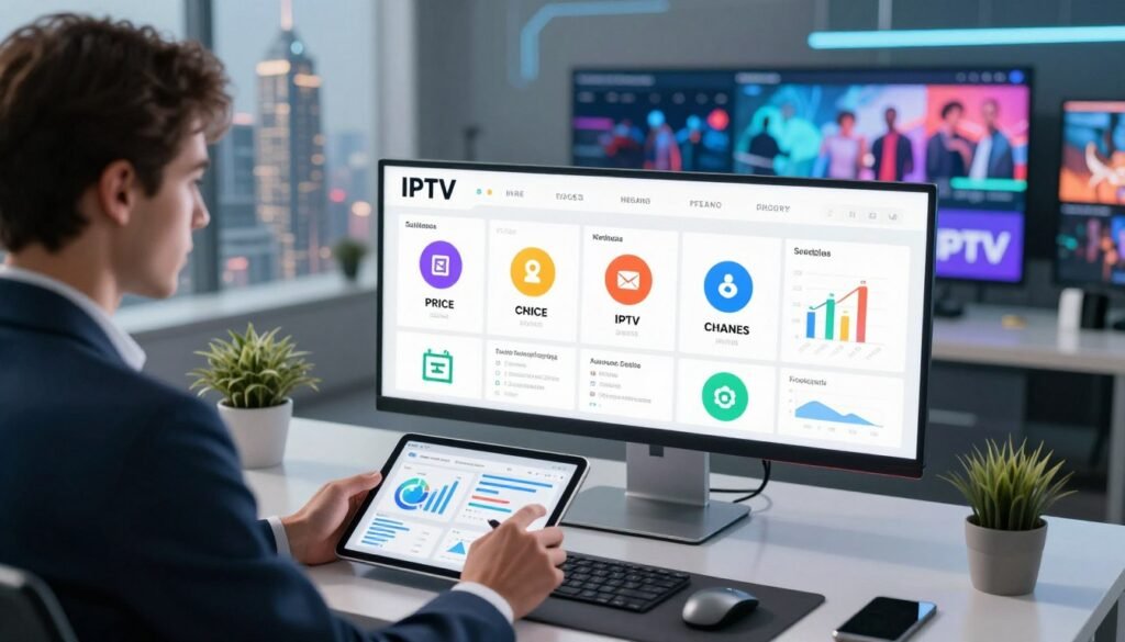 A modern, sleek digital workspace showcasing a comparison of IPTV services. In the foreground, a professional individual dressed in business attire is analyzing charts and graphics on a tablet. In the middle, an infographic layout displays key features of various IPTV services, such as price, channels offered, and device compatibility, represented by colorful icons and graphs. The background features a futuristic city skyline and a large screen displaying digital streaming footage, with vibrant lighting that emphasizes a high-tech atmosphere. The image is bright and engaging, suggesting reliability and innovation, captured from a slightly elevated angle to convey a sense of overview and assessment. A modern, sleek digital workspace showcasing a comparison of IPTV services. In the foreground, a professional individual dressed in business attire is analyzing charts and graphics on a tablet. In the middle, an infographic layout displays key features of various IPTV services, such as price, channels offered, and device compatibility, represented by colorful icons and graphs. The background features a futuristic city skyline and a large screen displaying digital streaming footage, with vibrant lighting that emphasizes a high-tech atmosphere. The image is bright and engaging, suggesting reliability and innovation, captured from a slightly elevated angle to convey a sense of overview and assessment.