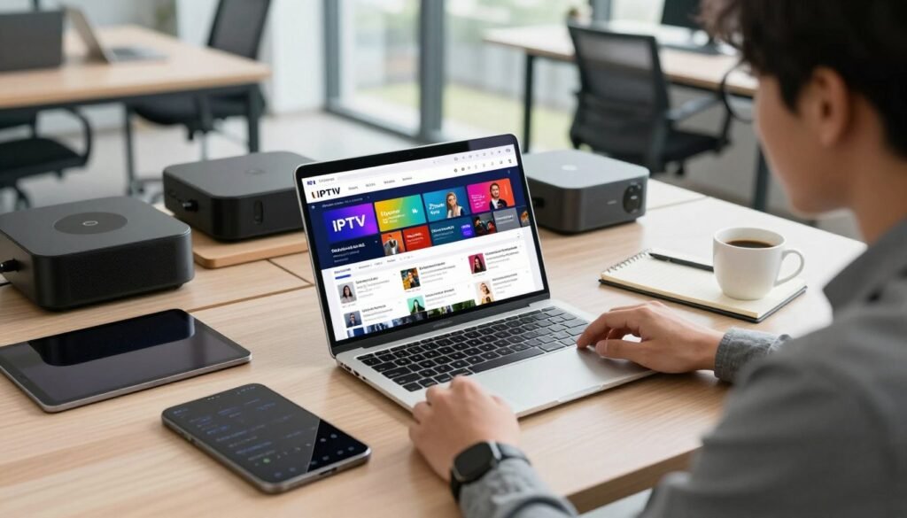A modern workspace showcasing a laptop displaying colorful IPTV subscription reviews on its screen, surrounded by an array of digital devices like a tablet and smartphone. In the foreground, a professional in smart casual attire, attentively reading through comparison charts and user reviews. The middle ground features a sleek desk with streaming gadgets, a notepad, and a cup of coffee. The background shows a bright, open office with large windows, letting in natural light, creating a warm and inviting atmosphere. The angle is from slightly above the desk, focusing on the laptop and professional engaged in research. The overall mood is productive and focused, emphasizing technology and informed choices for IPTV services in 2026. A modern workspace showcasing a laptop displaying colorful IPTV subscription reviews on its screen, surrounded by an array of digital devices like a tablet and smartphone. In the foreground, a professional in smart casual attire, attentively reading through comparison charts and user reviews. The middle ground features a sleek desk with streaming gadgets, a notepad, and a cup of coffee. The background shows a bright, open office with large windows, letting in natural light, creating a warm and inviting atmosphere. The angle is from slightly above the desk, focusing on the laptop and professional engaged in research. The overall mood is productive and focused, emphasizing technology and informed choices for IPTV services in 2026.