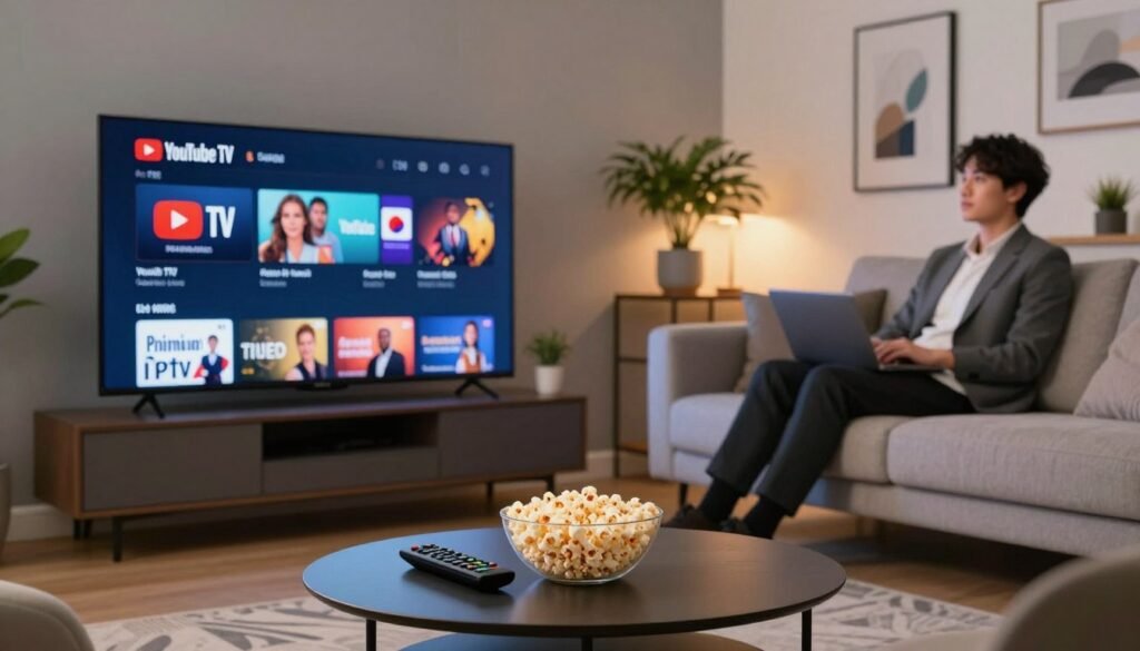 A sleek modern living room featuring a high-tech TV displaying the YouTube TV interface, showcasing premium IPTV packages. In the foreground, a stylish coffee table with a remote control and popcorn bowl adds a cozy touch. The middle ground highlights a comfortable sofa with an individual in professional attire, engaged and watching the TV, embodying an immersive viewing experience. The background includes soft ambient lighting, with decorative elements like houseplants and artwork creating a welcoming atmosphere. A lens with a slight depth of field emphasizes the details of the TV screen while blurring the background gently. The overall mood is relaxed yet sophisticated, perfect for a premium live television experience. A sleek modern living room featuring a high-tech TV displaying the YouTube TV interface, showcasing premium IPTV packages. In the foreground, a stylish coffee table with a remote control and popcorn bowl adds a cozy touch. The middle ground highlights a comfortable sofa with an individual in professional attire, engaged and watching the TV, embodying an immersive viewing experience. The background includes soft ambient lighting, with decorative elements like houseplants and artwork creating a welcoming atmosphere. A lens with a slight depth of field emphasizes the details of the TV screen while blurring the background gently. The overall mood is relaxed yet sophisticated, perfect for a premium live television experience.