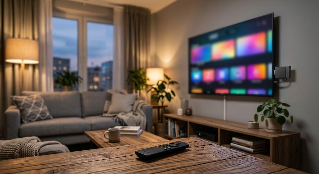 IPTV USA Setup Guide with a streaming media stick connected to a living room TV